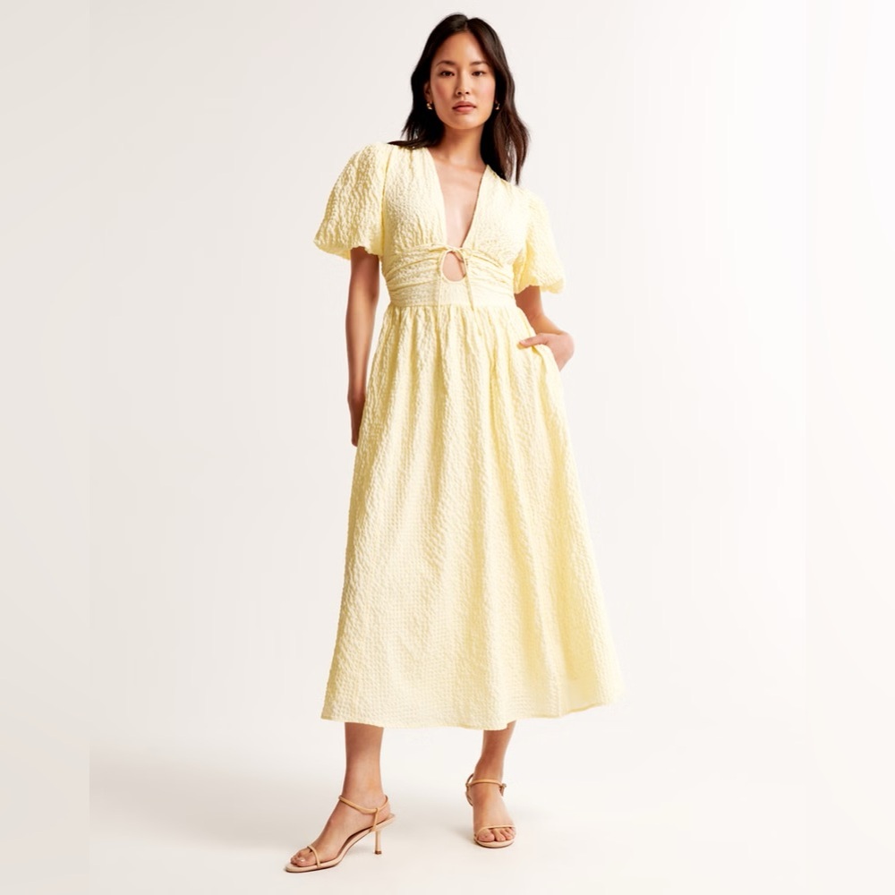 Abercrombie & Fitch Pale Yellow Textured Midi Dress